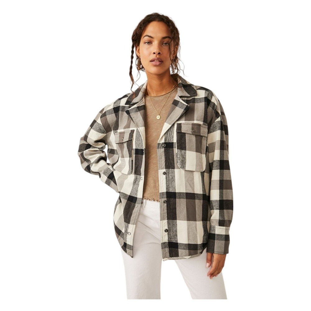 We The Free People Izzy Cargo Shirt Plaid Black Gray White Cotton Fall Grunge XL